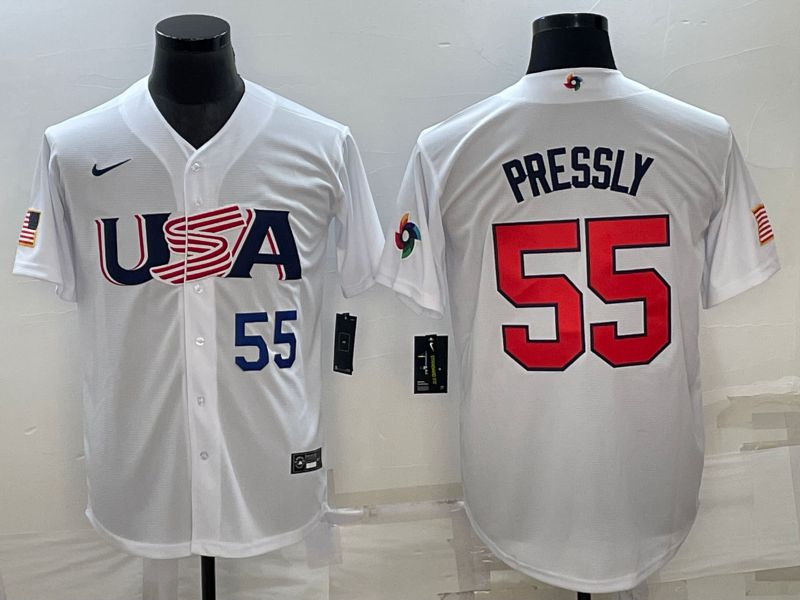 Men 2023 World Cub USA #55 Pressly White Nike MLB Jersey1